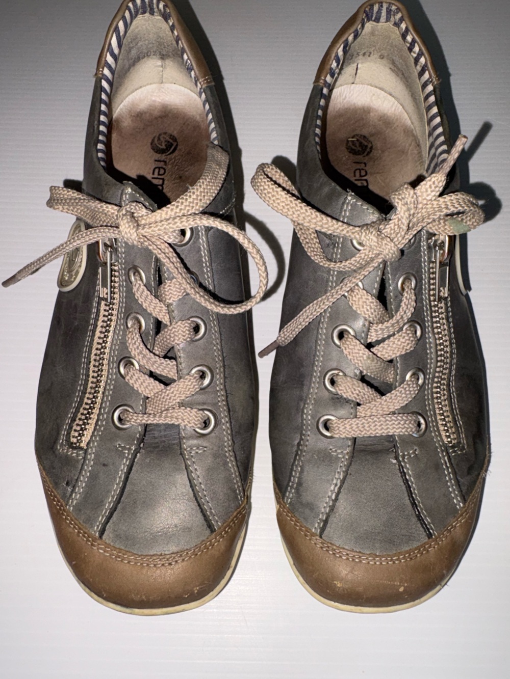 Remonte Leather Side Zip Lace Up Sneakers Charcoal Gray Brown EU 40 US 8.5-9